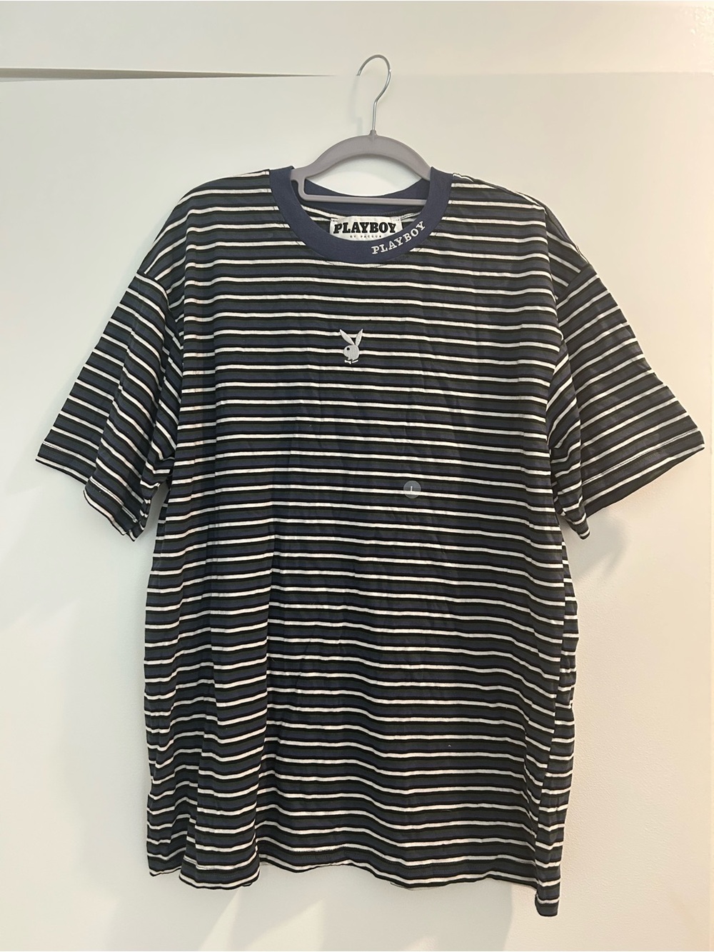 PLAYBOY Black and White Striped Short Sleeve Tee with Bunny Logo